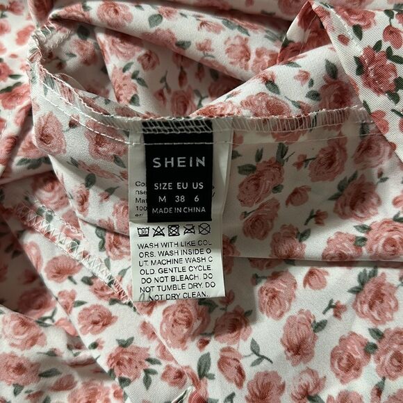 SHEIN M White Pink Rose Floral Faux Wrap Flutter Sleeve A-Line Dress - Picture 12 of 14
